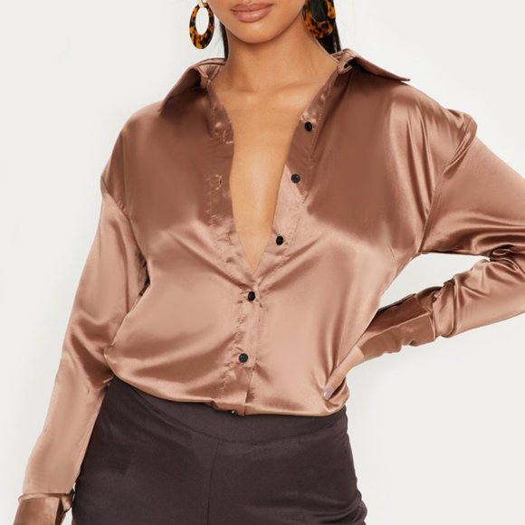 miami Tops - NWOT Miami Silk Brown Button Down Blouse Sz M